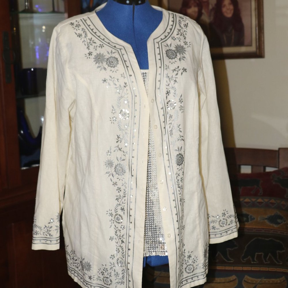 Women's Silver Sequins Embellished Jacket & Tank Top Set- 1X